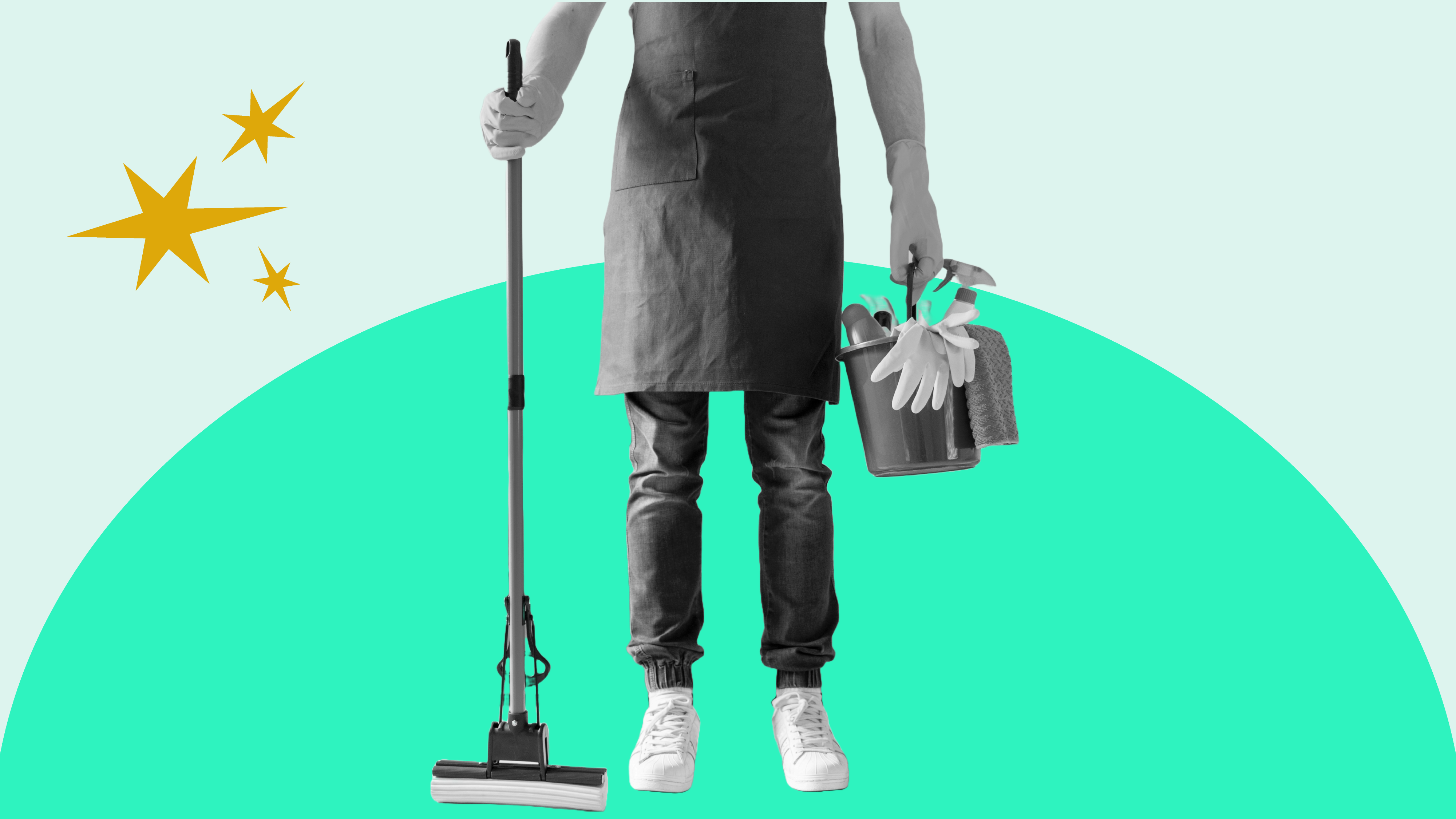 A cleaner ready to get to work, with a squeegee mop and bucket
